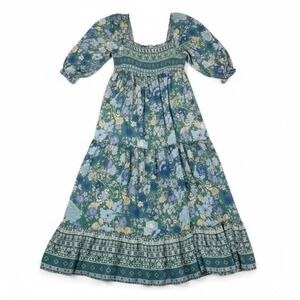 Baltic Born Blue Floral Smocked Maxi Dress Puff Sleeve Boho Prairie Size M